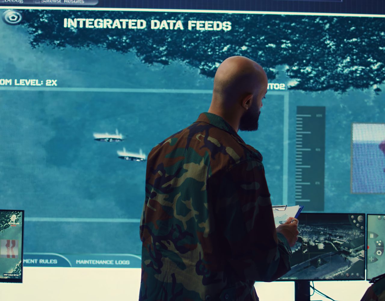 Army officer examining real time satellite data on big screen in military power base, gather intelligence on enemy vessels trajectory. Federal defense program specialist commanding troops. Camera B.