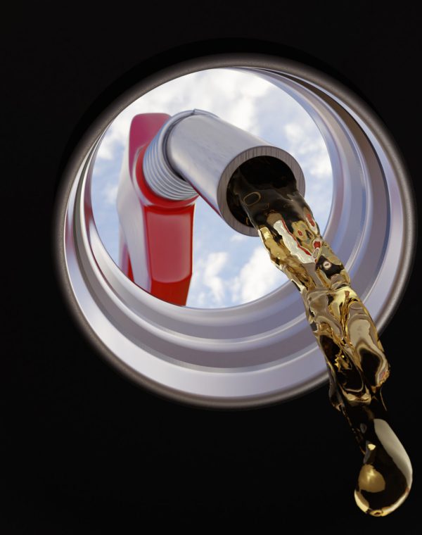 Nozzle pumping a gasoline fuel liquid in a tank. View from the tank. Car part inside view. 3d render illustration