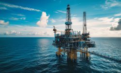 An offshore oil and gas production platform stands tall in the middle of the vast ocean, under a sky painted with clouds.